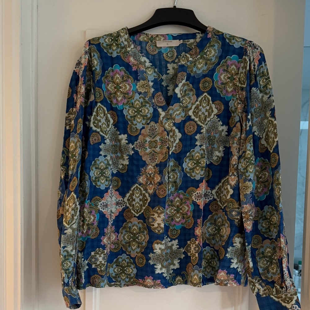 Floral Patterned Blue Women's Top, Cream, sz 42